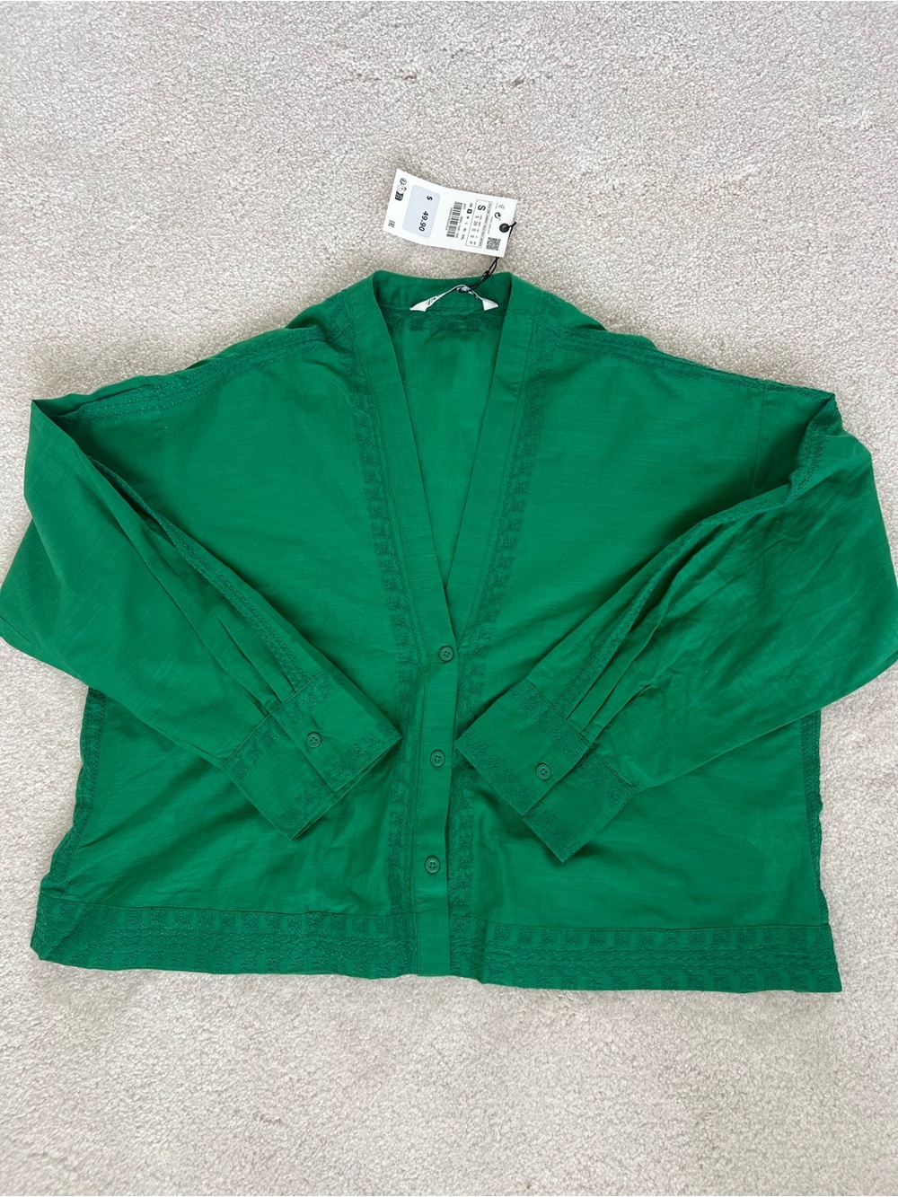 Zara Women's Emerald Green Button-Front Cardigan Embroidered